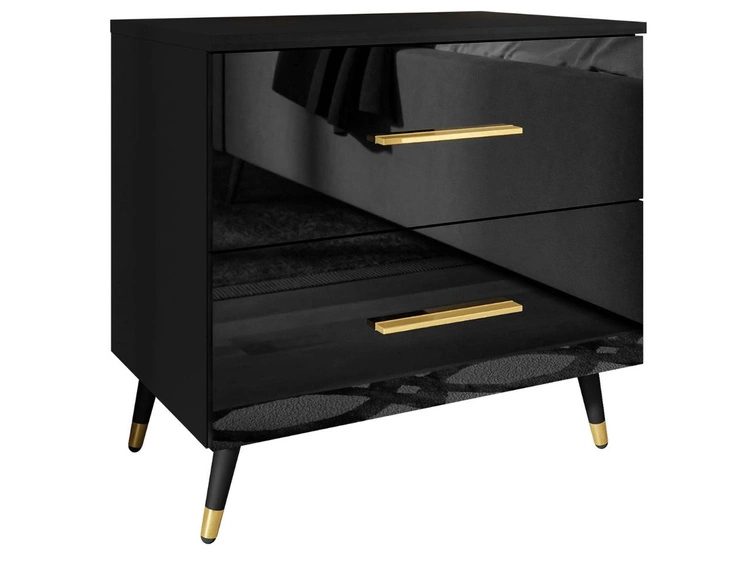 Nachttisch mit Schubladen auf Schwarz-Goldenen Metallbeinen Nuveo Schwarz Hochglanz