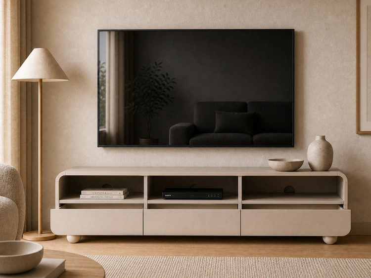 TV-Lowboard 180 cm mit Schubladen auf Kugelfüßen Soffio Kaschmir