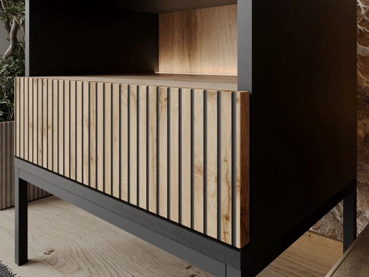 Nachtschrank mit Schublade und Led Deo Schwarz, Eiche Wotan