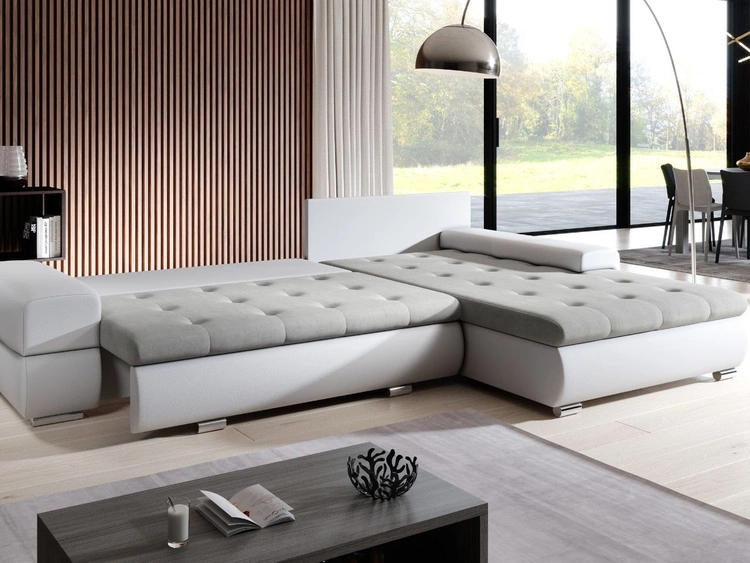 Ecksofa L-Form mit Schlaffunktion und Bettkasten Sonia Beige, Weiß