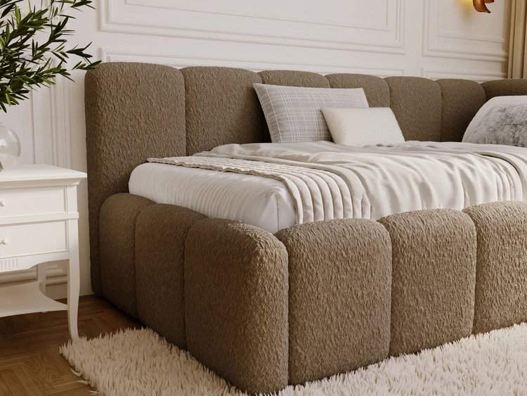Jugendbett Einzelbett mit Bettkasten und Lattenrost 90x200 Cloud One Braun Bouclé-Stoff