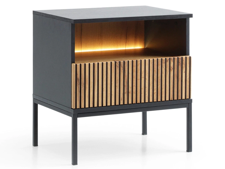 Nachtschrank mit Schublade und Led Deo Schwarz, Eiche Wotan