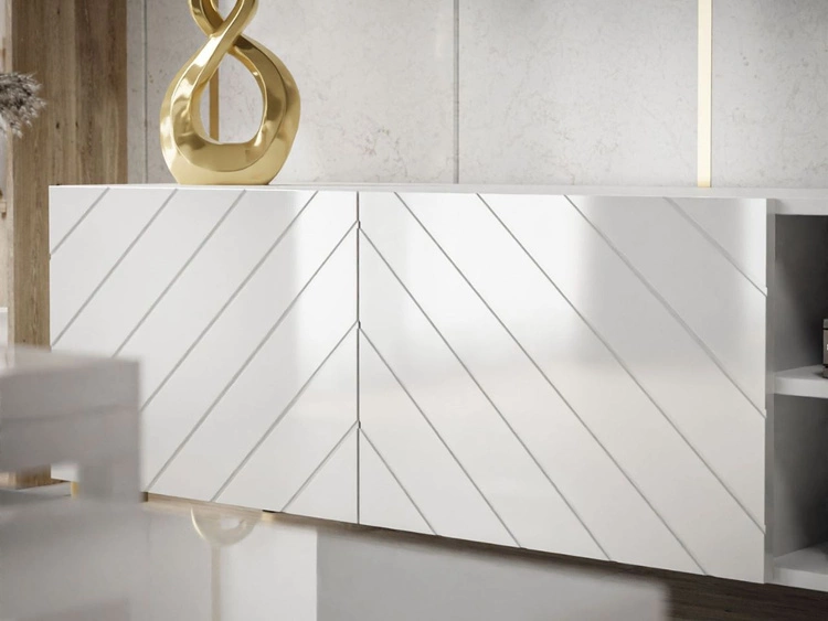 TV-Schrank im Glamour-Stil mit gefrästen Fronten und schwarzen Beinen Vionel Weiß glänzend