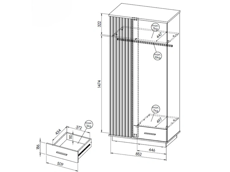 Kleiderschrank 90 cm mit Lamellen und Flügeltüren für das Wohnzimmer Lavore Wotan Eiche, Schwarz matt