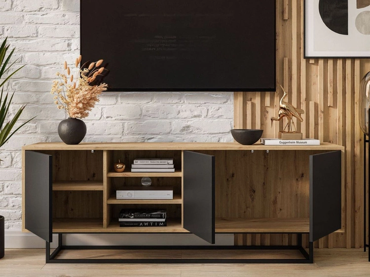 TV-Lowboard mit Türen auf schwarzem Gestell Vivance Schwarz und Artisan Eiche