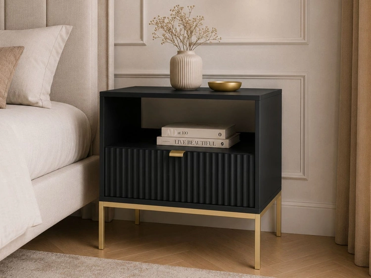 Nachtschrank mit Schublade Amber Schwarz, Gold Frame