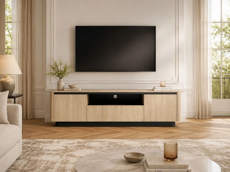 TV-Lowboard mit drei Türen Fascino Eiche Cremona / Schwarz