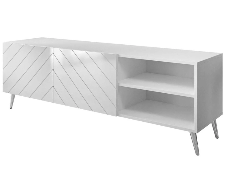 TV-Schrank mit gefrästen Fronten und verchromten Metallbeinen Vionel Weiß glänzend