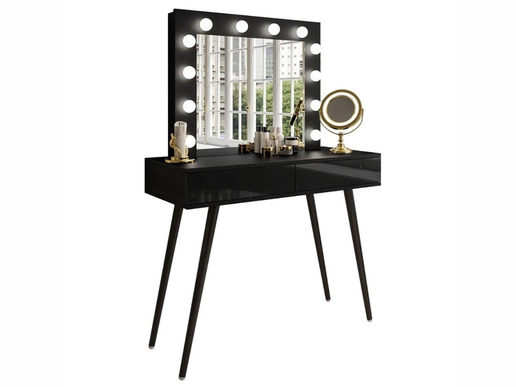 Schminktisch glamour mit Schubladen, Spiegel und LED-Beleuchtung Olivine Schwarz Hochglanz