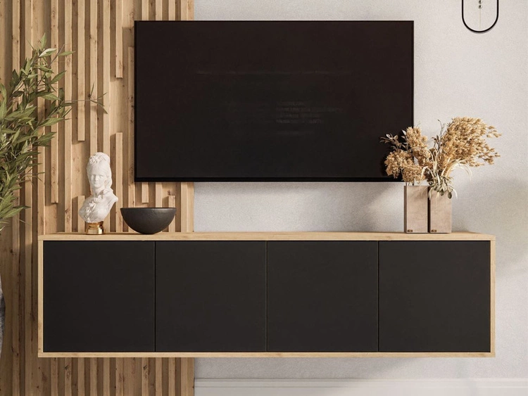 Hängendes TV-Lowboard mit Türen Vivance Schwarz und Eiche Artisan