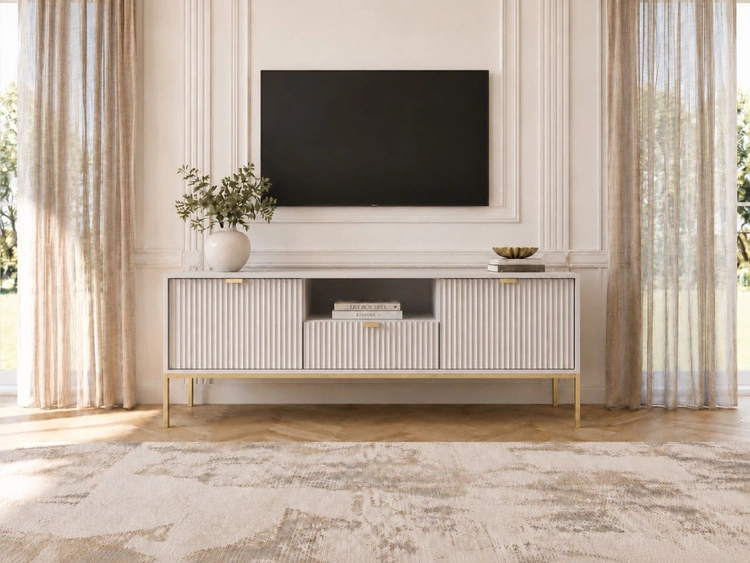 TV-Lowboard mit Schublade und Türen Amber Grau auf goldenen Beinen