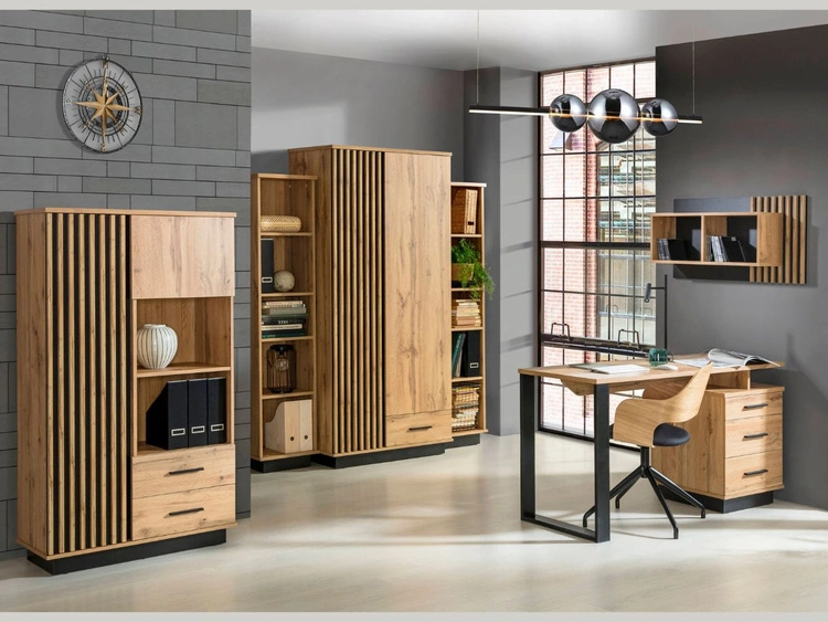Wandregal 90 cm mit Latten für das Wohnzimmer Lavore Wotan Eiche, Schwarz matt