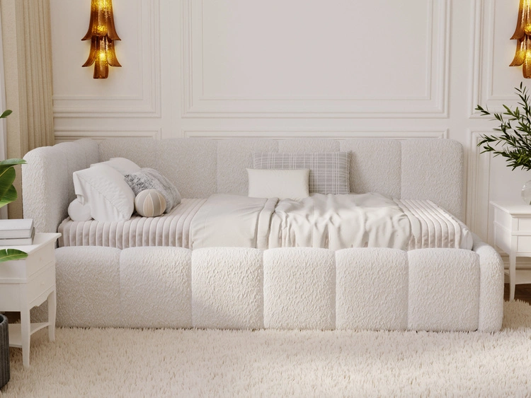 Jugendbett Einzelbett mit Bettkasten und Lattenrost 90x200 Cloud One Beige Bouclé-Stoff