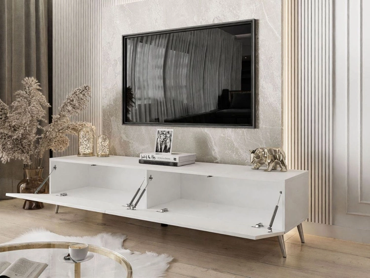 TV-Lowboard mit Türen auf Silbernen Metallbeinen 175 cm Sorelle Weiß Hochglanz