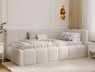 Jugendbett Einzelbett mit Bettkasten und Lattenrost 90x200 Cloud One Beige Bouclé-Stoff 