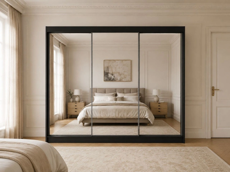 Schiebetürenschrank 250 cm mit Spiegel und LED-Beleuchtung Luzio Schwarz