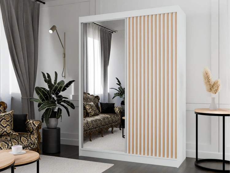 Schiebetürenschrank mit Spiegel und Lamellen 150 cm Loreto Weiß