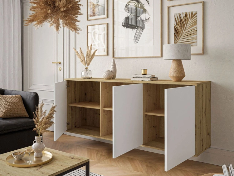 Dreitürige Kommode 154 cm im Loft-Stil mit weißen Beinen – Vivance, Weiß matt & Eiche Artisan