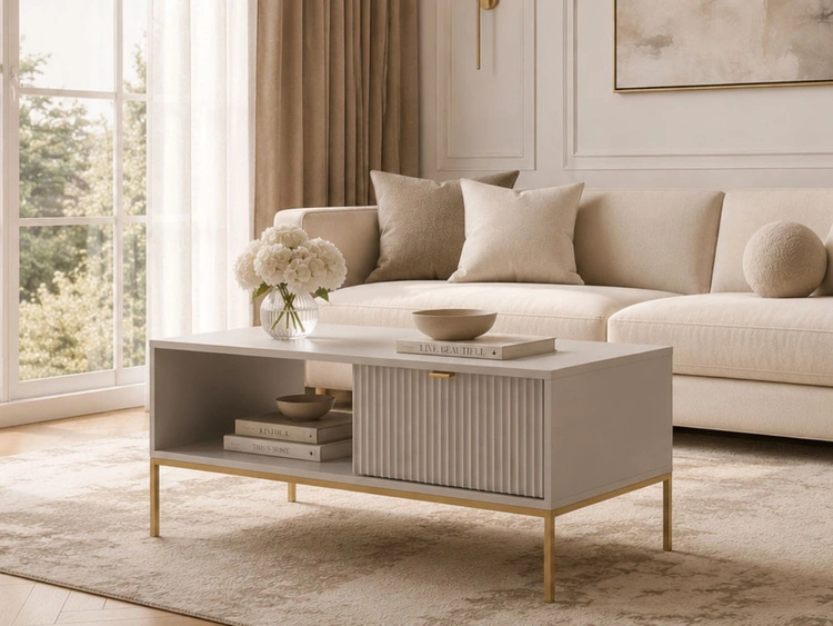Couchtisch mit Stauraum Amber Grau auf goldenen Beinen