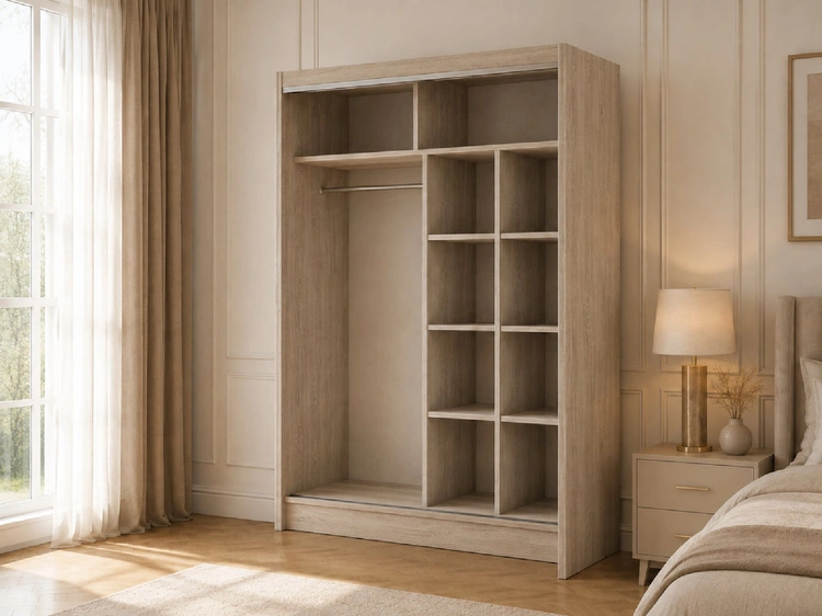Schiebetürenschrank mit Sprossen 150 cm mit LED-Beleuchtung Ponti Eiche Sonoma, Weiß
