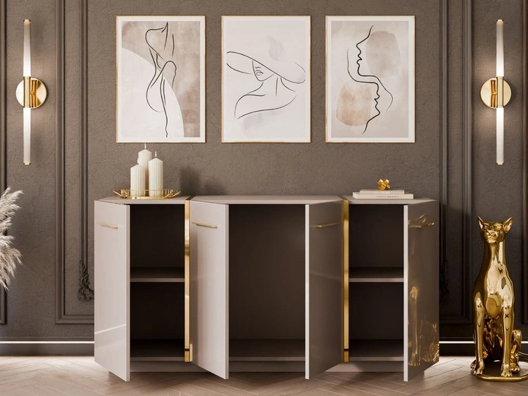 Viertürige Kommode 158 cm Glamour-Stil mit goldenen Griffen Lunelie Kaschmirglanz