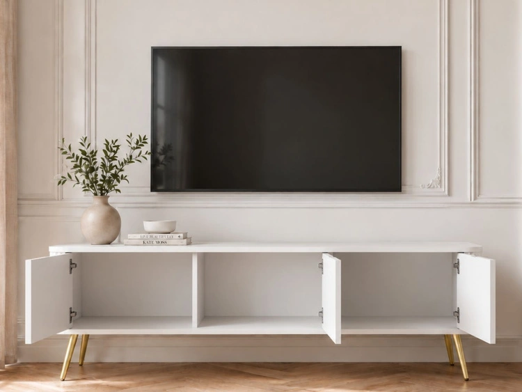 TV-Lowboard mit Türen Viva Weiß auf Goldenen Beinen