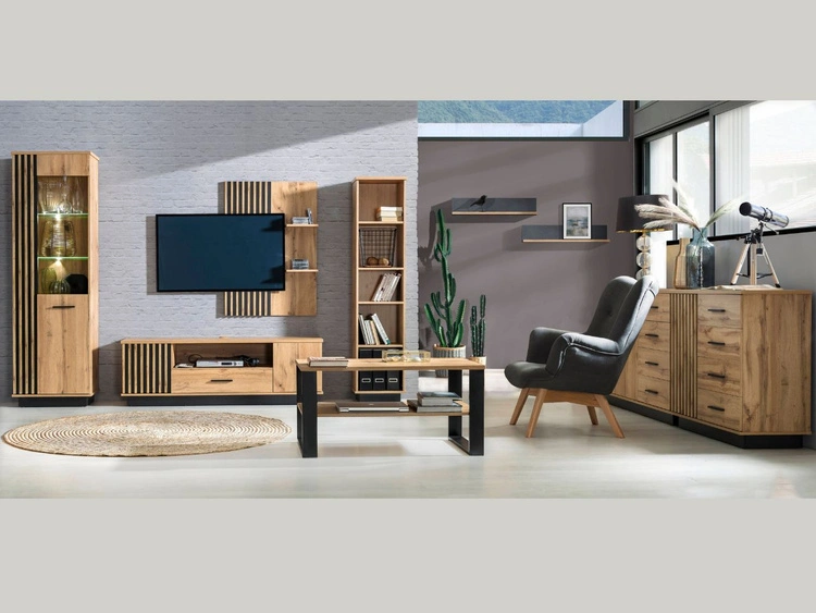 Fernsehschrank mit Schublade und Lamellen Lavore Wotan Eiche, Schwarz matt