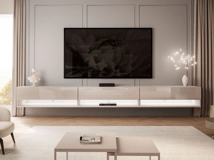 Hänge TV-Schrank 270 cm für Wohnzimmer mit LED-Beleuchtung Aurelie Kaschmir Hochglanz