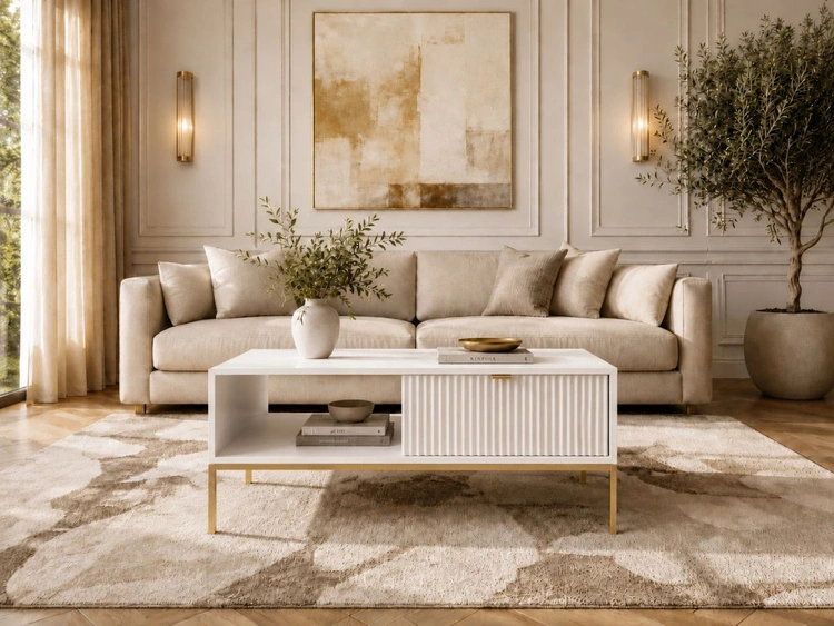 Couchtisch mit Stauraum Amber Weiß, Gold Frame
