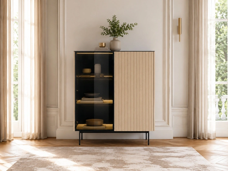 Standvitrine mit einer Glastür, LED-Beleuchtung für das Wohnzimmer Auroé Eiche Vicenza