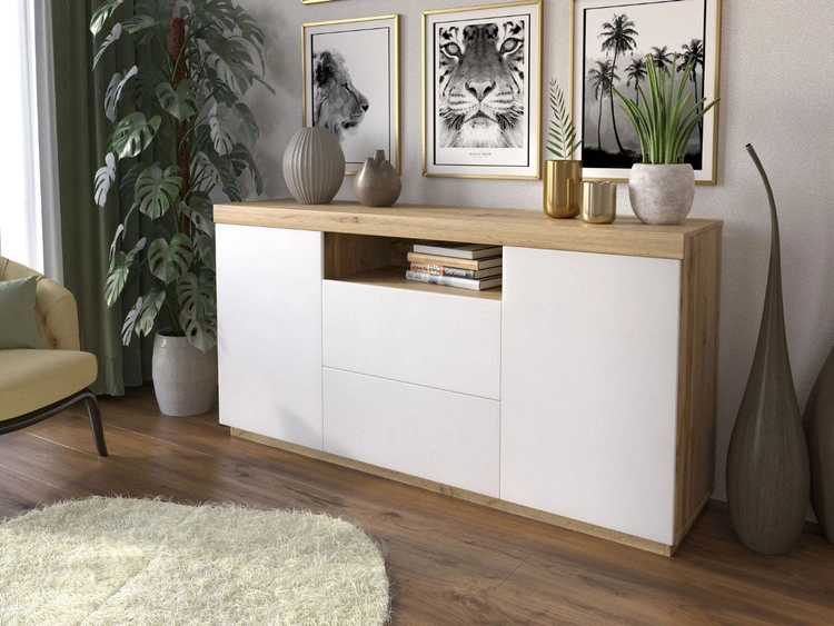 Wohnzimmer-Set im Loft-Stil Asumi Weiß und Eiche Wotan