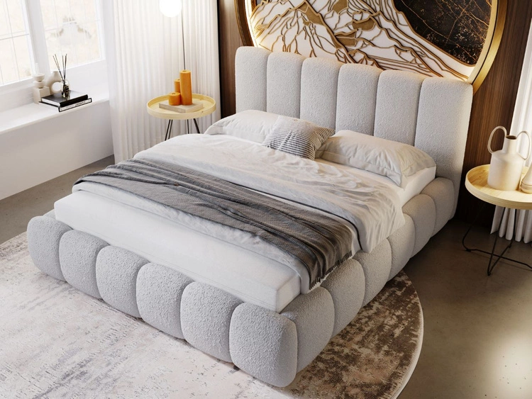 Polsterbett mit Bettkasten und Lattenrost 200x200 Cloud Bouclé-Stoff Hellgrau