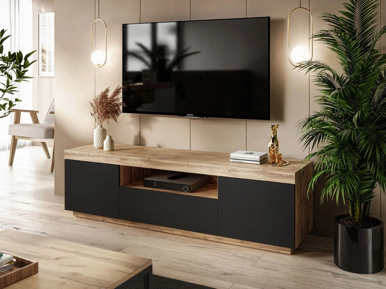 TV-Lowboard Asumi mit Türen und Schublade – Schwarz matt und Eiche Wotan
