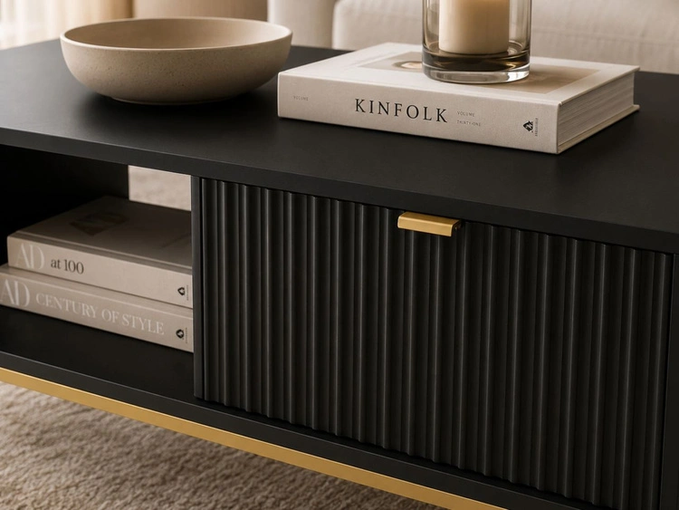 Couchtisch mit Stauraum Amber Schwarz, Gold Frame