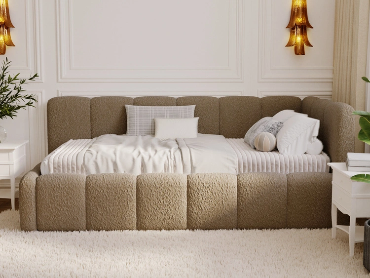 Jugendbett Einzelbett mit Bettkasten und Lattenrost 90x200 Cloud One Braun Bouclé-Stoff