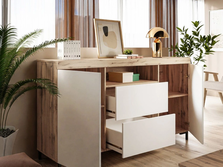 Wohnzimmer-Set – TV-Schrank und Kommode auf schwarzen Füßen Asumi Weiß und Eiche Wotan