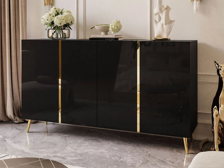 Viertürige Kommode 158 cm Glamour-Stil auf goldfarbenen Metallbeinen Lunelie Schwarzglanz