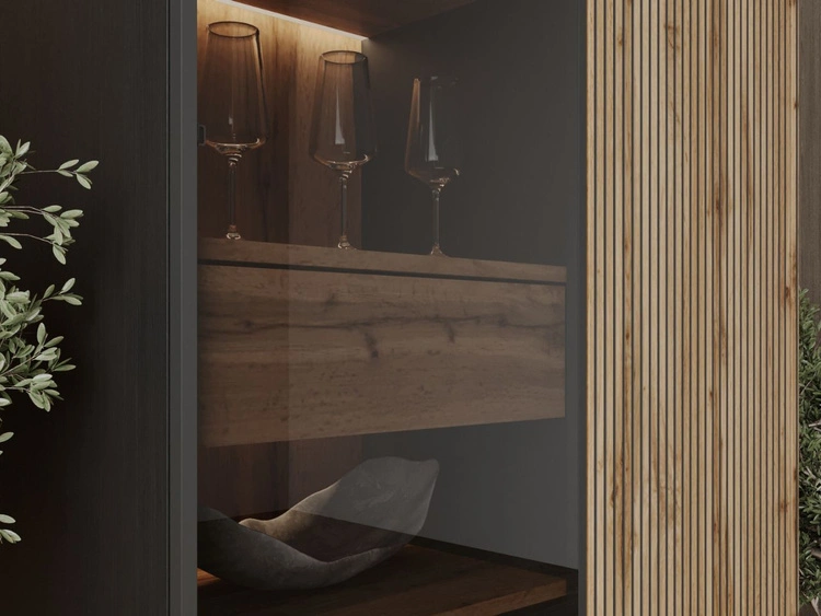 Vitrinenschrank mit Led Deo 166 cm Schwarz, EIche Wotan