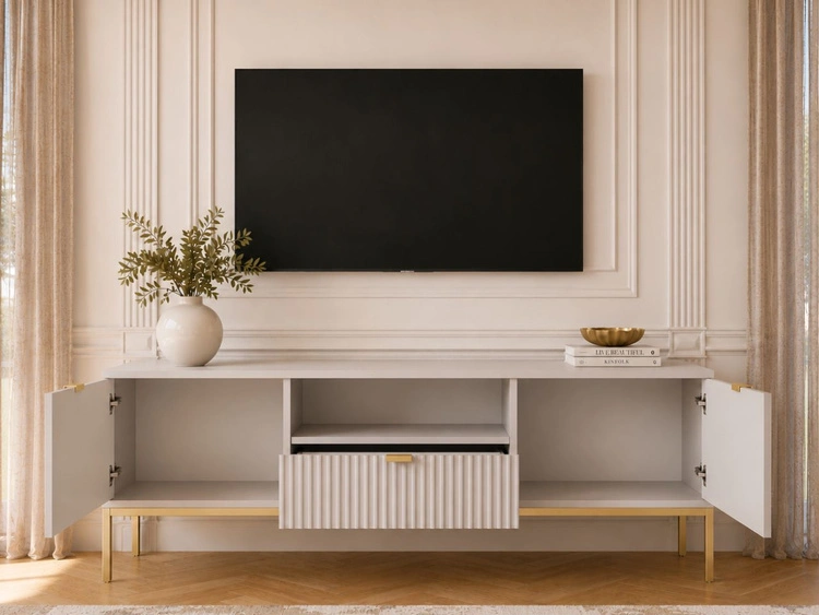 TV-Lowboard mit Schublade und Türen Amber Grau auf goldenen Beinen