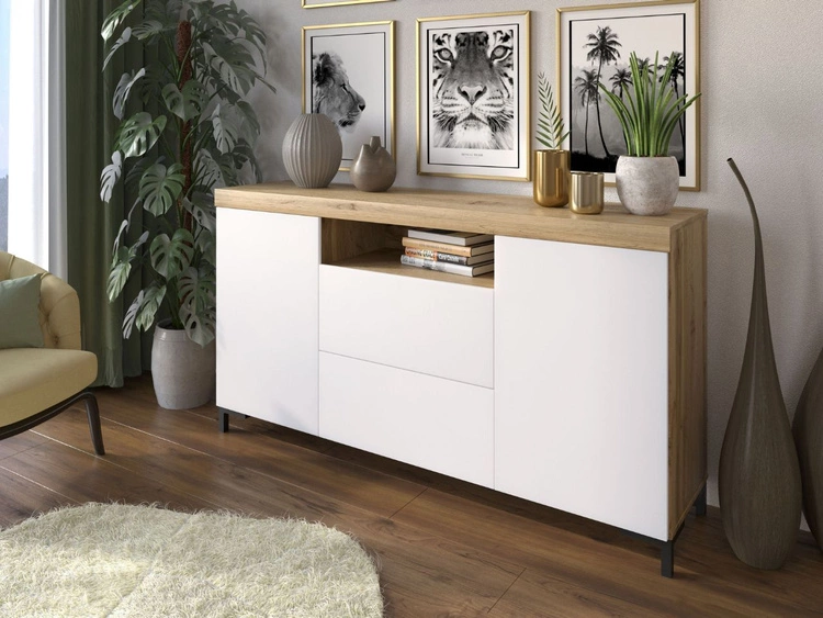 Wohnzimmer-Set – TV-Schrank und Kommode auf schwarzen Füßen Asumi Weiß und Eiche Wotan