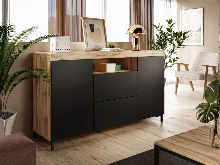 Wohnzimmer-Set im Loft-Stil Asumi Schwarz und Eiche Wotan
