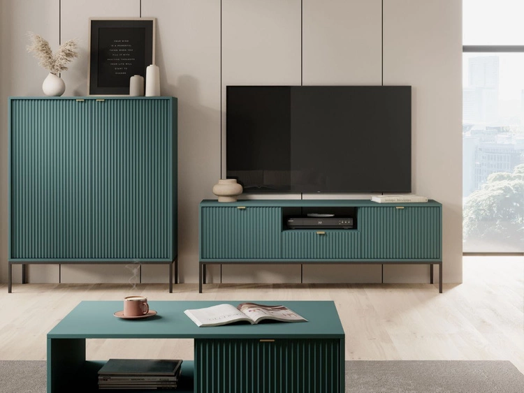 TV-Lowboard mit Schublade und Türen Amber Grün, Schwarz Frame