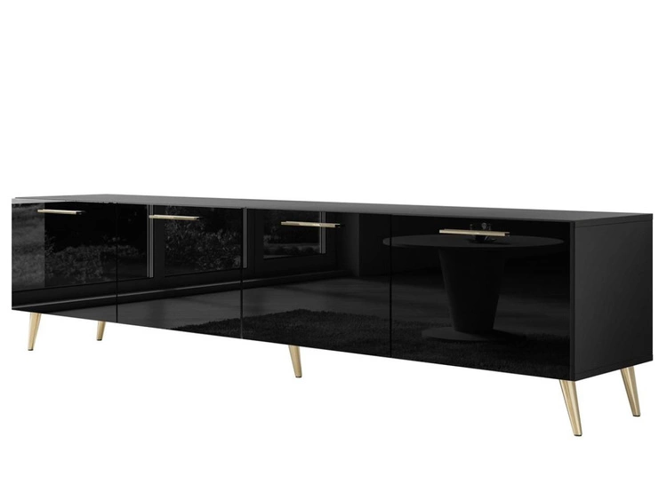 TV-Lowboard mit Türen und LED-Beleuchtung auf Goldenen Metallbeinen 200 cm Noaé Schwarz Hochglanz