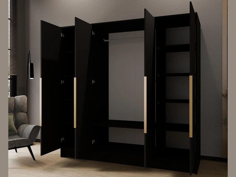 Kleiderschrank 200 cm Perugia Schwarz mit goldenen Griffen