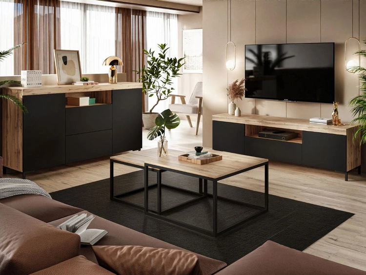 Wohnzimmer-Set im Loft-Stil Asumi Schwarz und Eiche Wotan