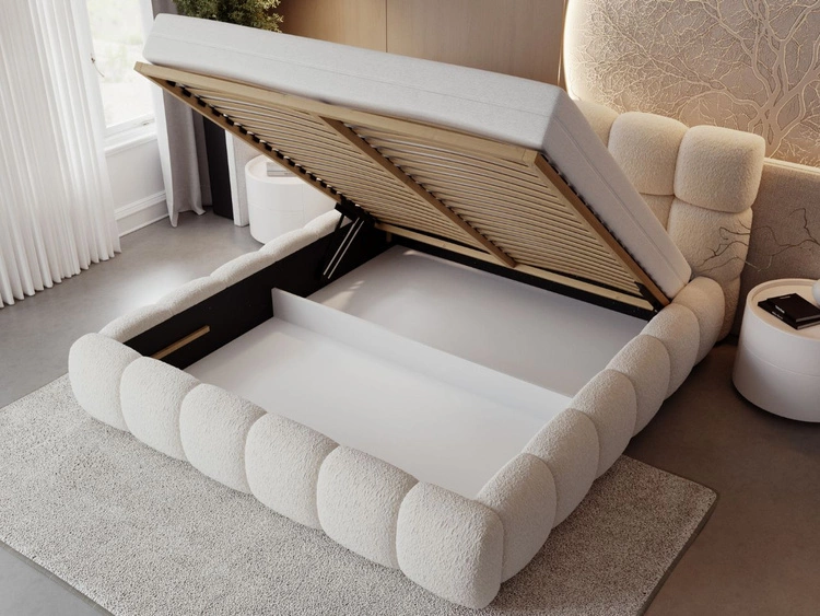 Polsterbett mit Bettkasten und Lattenrost 120x200 Modo aus Bouclé-Stoff Beige