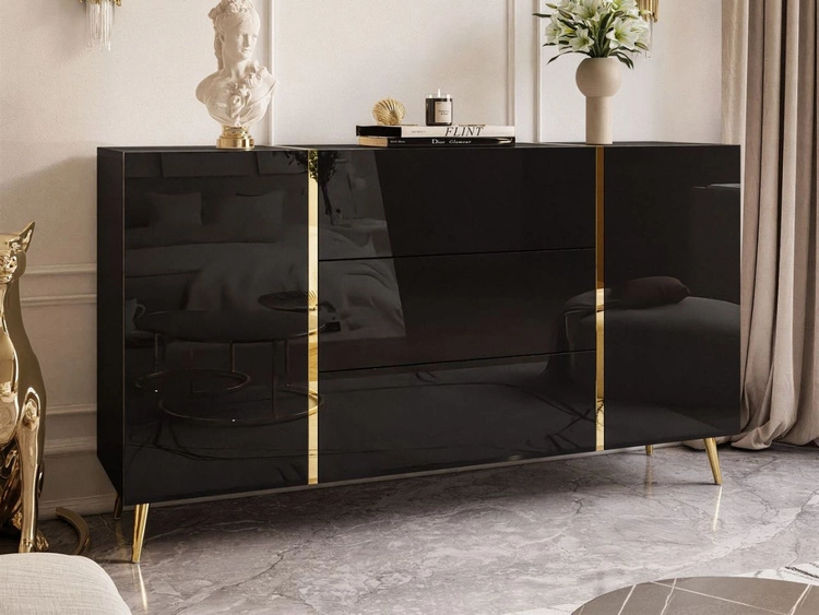 Wohnzimmer-Set im Glamour-Stil auf Beinen Lunelie Schwarz Hochglanz